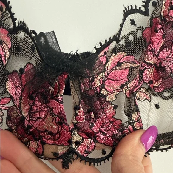 For Love And Lemons Black and Pink Floral Lace Bra - Picture 6 of 6
